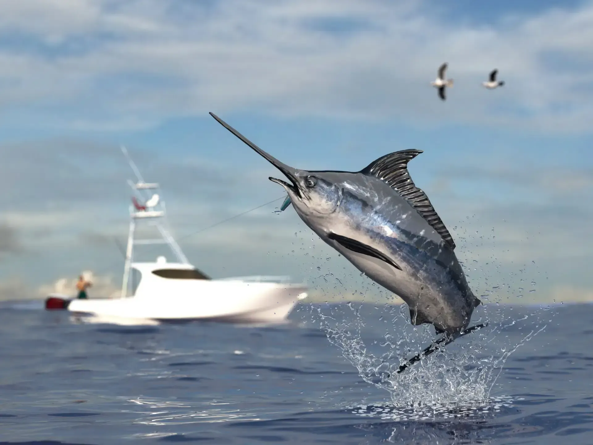 Angler fighting a large offshore fish deep sea fishing out of Roatan Honduras