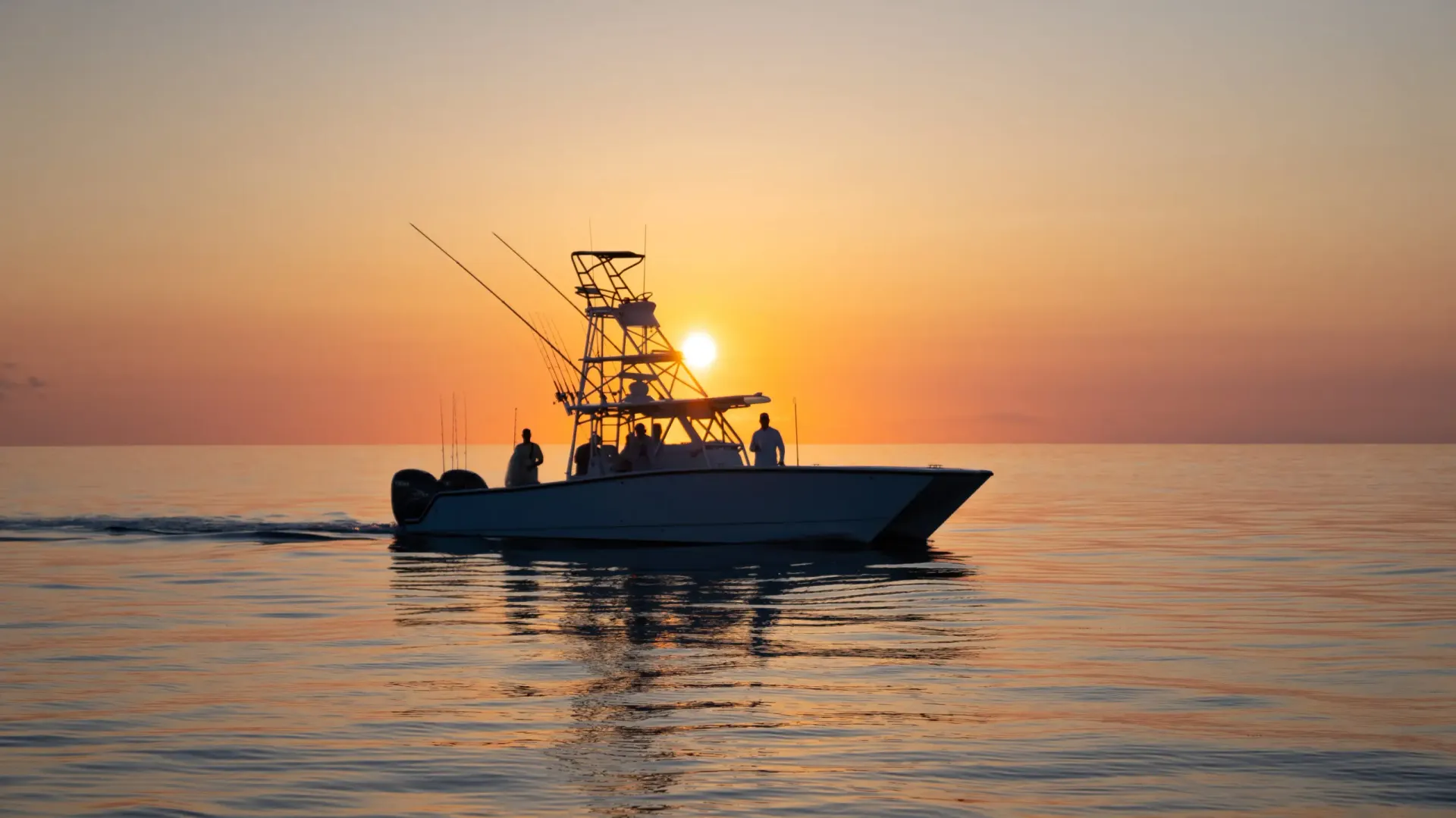 Early morning offshore from Roatan Honduras, deep sea fishing charter at sunrise before lines go in