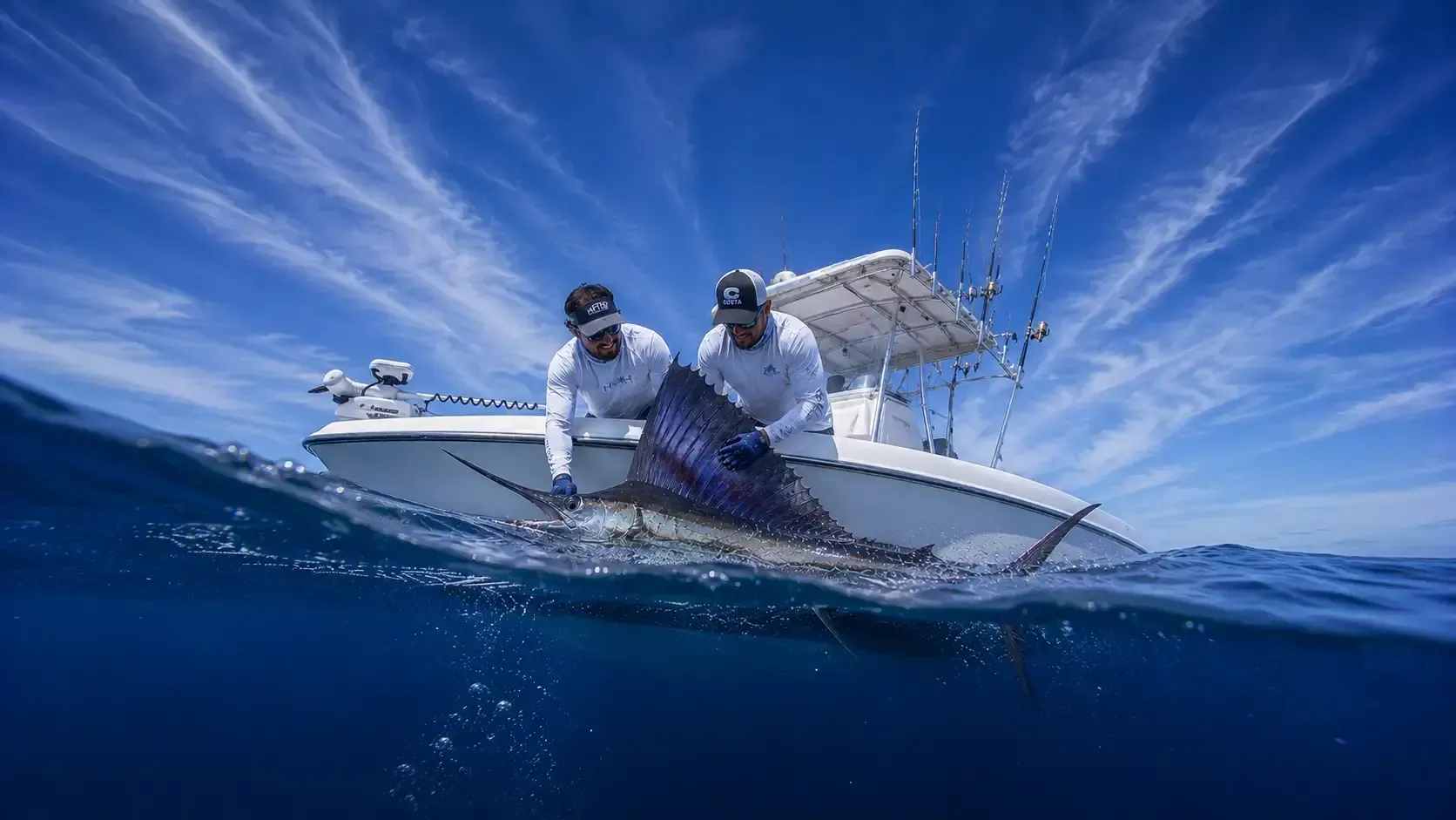 Charter fishing boat heading offshore from West End Roatan Honduras into deep blue Caribbean water